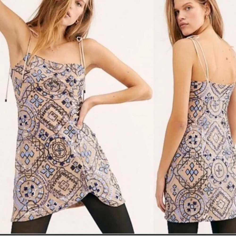 Free People Show Off Mini Dress Lilac Sequin Beige Mesh Shoulder Ties NWT-10